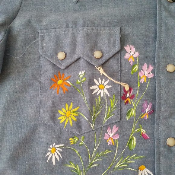 Vtg Hand Painted Long Sleeve Chambray Shirt XL - Picture 7 of 8